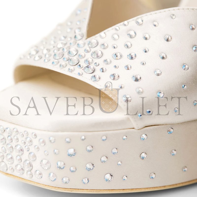 JIMMY CHOO KARLI PLATFORM 125 IVORY SATIN CRYSTAL PLATFORM SANDALS KARLIPF125BRZ